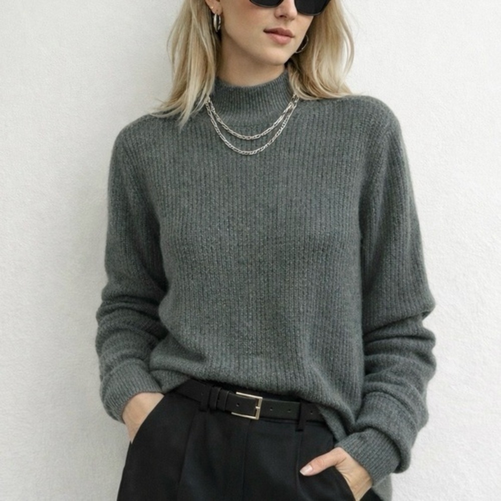 COS Wool Alpaca Green Ribbed Mockneck Long Sleeve Relaxed Sweater S